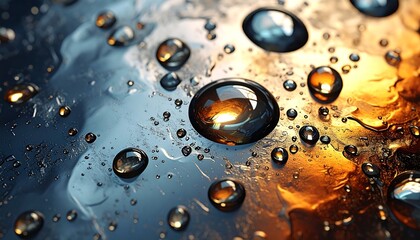 Close-up of water droplets on a surface with vibrant colors