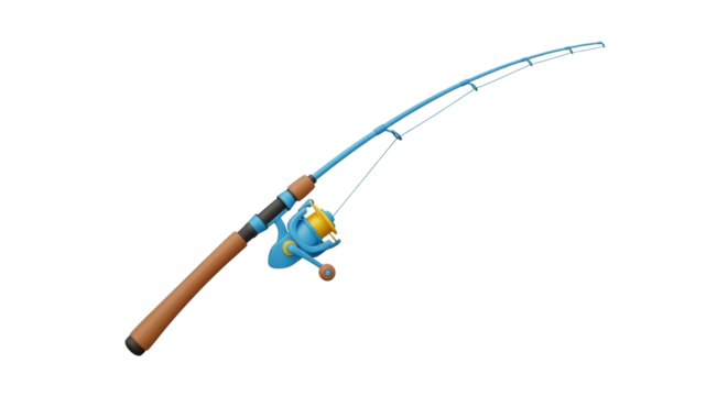 Isolated fishing rod with reel, bent back as if catching a fish or retrieving line, leisure activity