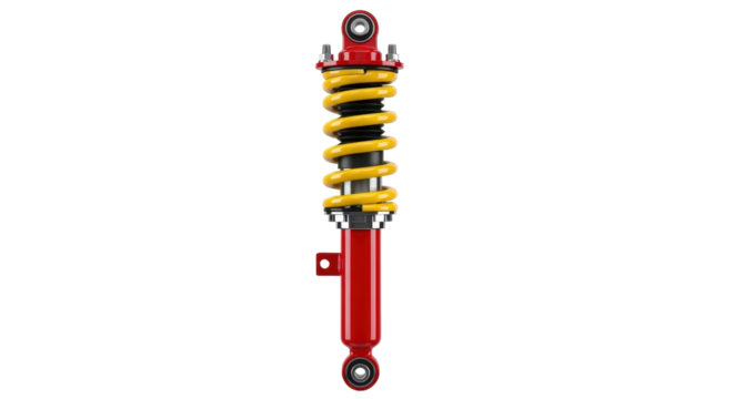 Isolated shock absorber auto part with yellow coil spring, and red damper assembly vehicle equipment