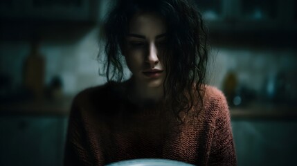 A pensive young woman in a rust colored sweater looks down in a dimly lit kitchen conveying a mood of contemplation