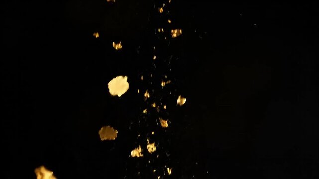 Dynamic golden particles cascade in dark, abstract motion, perfect for festive celebrations and magical effects