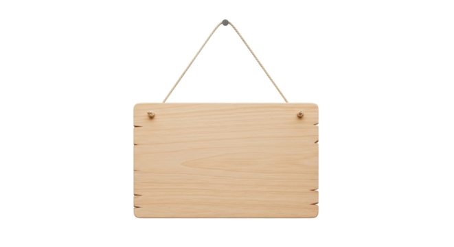 Isolated wooden sign, hanging from rope, empty surface for custom message or design