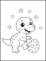 Cute Baby Dinosaur Playing with Egg. Fun and Easy Cartoon Coloring Page for Kids with Stars and Hearts. Adorable Prehistoric Printable Activity for Toddlers and Preschoolers
