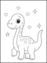 Cute Cartoon Dinosaur Surrounded by Hearts and Stars. Whimsical Black and White Coloring Page for Kids and Fun Printable Craft Activity