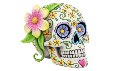 Isolated sugar skull with flower, Day of the Dead decorative head art, Mexican tradition