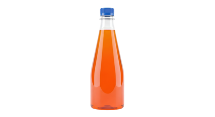 Isolated tangerine soda drink bottle with blue cap for refreshment on neutral surface