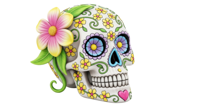 Isolated sugar skull with flower, Day of the Dead decorative head art, Mexican tradition