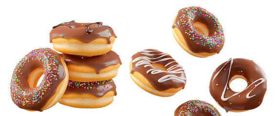 Donuts with chocolate glaze, sprinkles, white drizzle, and dots isolated on white transparent background. 3d rendering and illustration of dessert variety