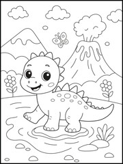 Cute Baby Dinosaur Coloring Page for Kids with Volcano, Butterfly, and Mountains. Fun Prehistoric Cartoon Scene for Children to Color and Learn