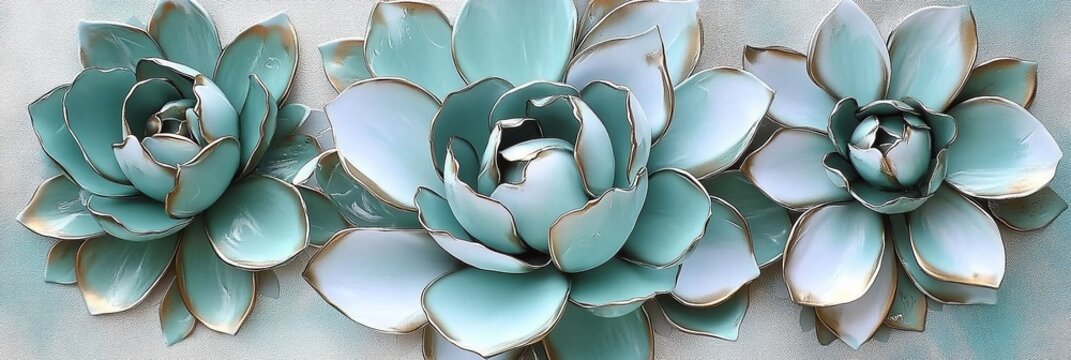 Elegant Collection of Pale Turquoise Floral Arrangements with Gilded Edges for Abstract Decor