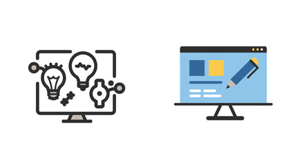 Digital Innovation and Content Creation: Monitor Icons for Ideas, Problem Solving, and Web Design Development