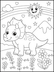 Cartoon Triceratops with Rainbow and Sun Coloring page for kids. Black and White Line Art for Kids Coloring Pages and Dinosaur Crafts