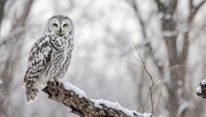 A snowy owl perched on a snow-covered branch in a blurred, wintery forest scene