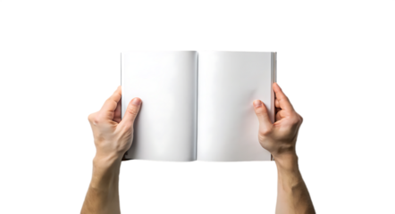Person holding an open blank book with white pages in their hands isolated on transparent background