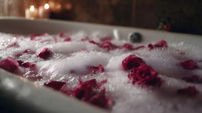 Close up of a bathtub filled with white bubbles and pink rose petals with soft candlelight in the background