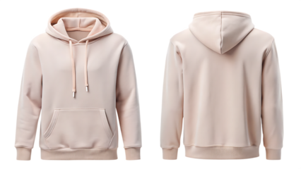 Front and back view of a light beige hooded sweatshirt with a kangaroo pocket and drawstring isolated on transparent background