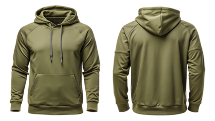 Front and back view of a green olive tactical hoodie with a hood and pouch pocket isolated on transparent background