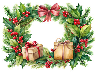 Christmas wreath with red bow, holly berries, pine branches, and gift boxes isolated on white background