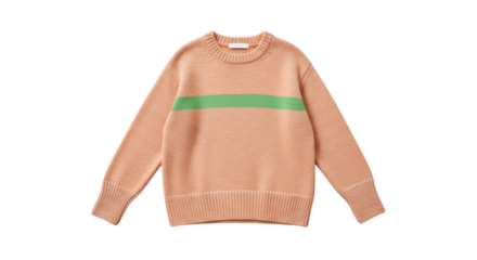 Isolated peach-colored knitted sweater with green stripe, fall clothing, fashion item