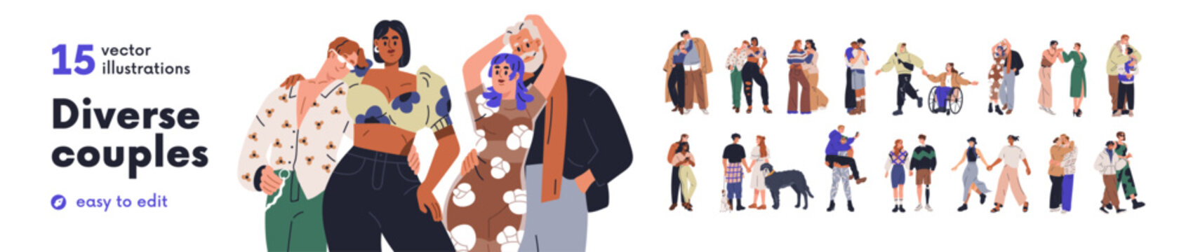 Different love couples, romance diversity set. Gay, lesbian and heterosexual partners. Romantic relationships between diverse men, women. Flat graphic vector illustrations isolated on white background