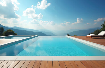 Fototapeta premium Elegant infinity pool with clear blue water features sleek design. Modern wooden deck surrounds pool. One lounge chair sits on deck. Scenic mountain landscape stretches under bright blue sky with