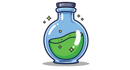 A round glass bottle filled with glowing green liquid and a dark cap.