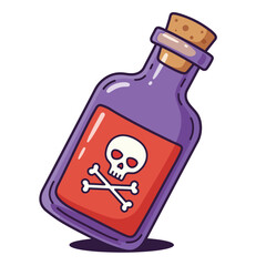 Cartoon illustration of a purple glass bottle filled with red liquid and a skull and crossbones warning label.
