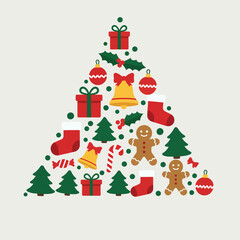Festive Christmas Tree Shape Composed of Holiday Ornaments and Symbols.