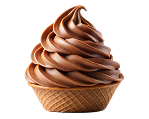 Delicious swirled chocolate soft serve ice cream in a crispy waffle cone isolated on transparent background