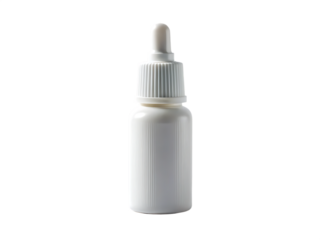 A white plastic dropper bottle with a white cap and a clear dropper tip isolated on transparent background