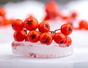Red berries resting on a block of ice