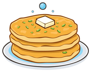 Stack of pancakes with butter and green toppings served on a plate, cartoon style