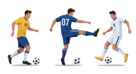 Three diverse male soccer players in action kicking and dribbling footballs.