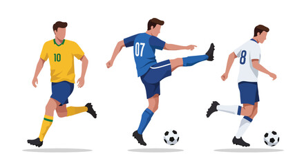Three Male Soccer Players in Action with Footballs.