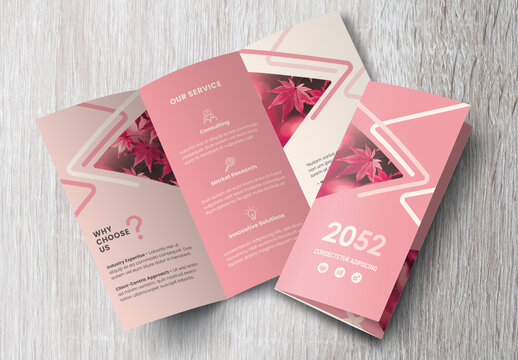 Corporate brochure design template &ndash; Professional modern tri-fold leaflet with geometric layout and business theme in Pink and White
