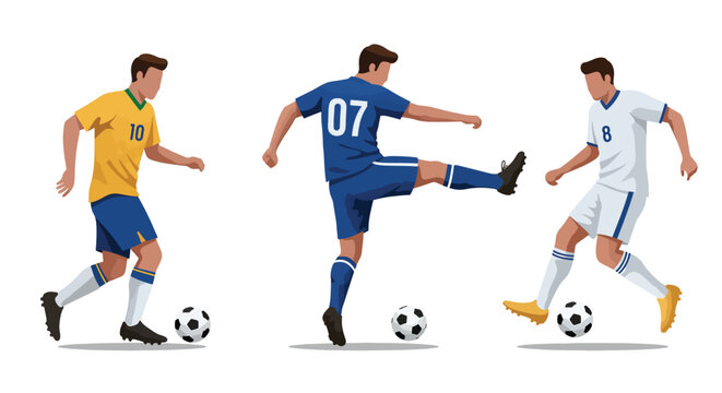 Three diverse male soccer players in action kicking and dribbling footballs.