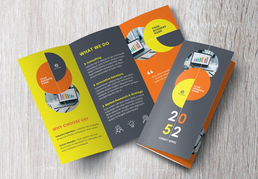 Corporate brochure design template &ndash; Professional modern tri-fold leaflet with geometric layout and business theme in Yellow and Orange