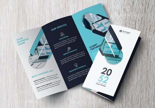 Corporate brochure design template &ndash; Professional modern tri-fold leaflet with geometric layout and business theme in Green and White
