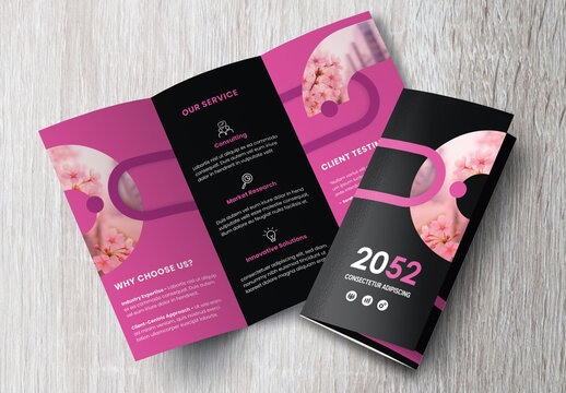 Corporate brochure design template &ndash; Professional modern tri-fold leaflet with geometric layout and business theme in Pink and Black