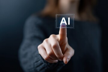 Woman Pressing Virtual AI Button on Digital Interface