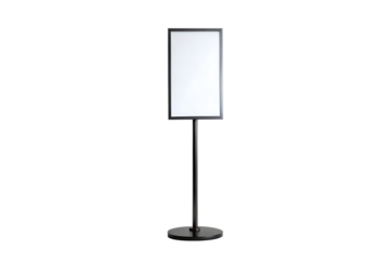 A tall slender metal floor stand with a rectangular white sign holder displaying a blank white poster isolated on transparent background