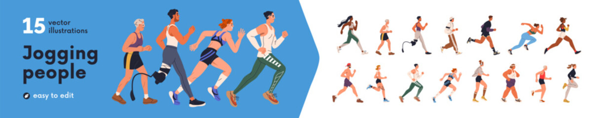 Fototapeta na wymiar Diverse jogging and running people set. Active healthy characters, old and young runners, joggers do sports activity. Sport and cardio exercise. Flat vector illustration isolated on white background