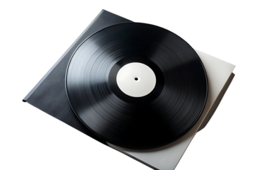 Vintage black vinyl record album with blank white label and sleeve isolated on transparent background