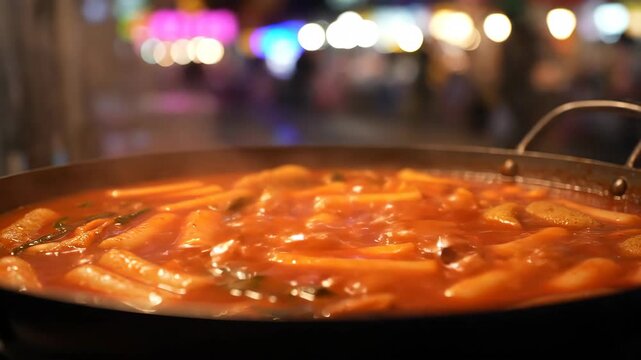 Vibrant Korean Tteokbokki Simmering in a Large Pan at a Bustling Night Market Stall