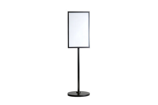 A tall slender metal floor stand with a rectangular white sign holder displaying a blank white poster isolated on transparent background