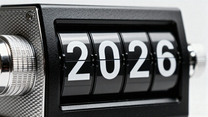 A close up of a black mechanical counter displaying the year two thousand twenty six in white numbers