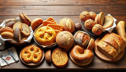 A rustic wooden table overflowing with a variety of freshly baked breads and pastries,   artisan,  brown