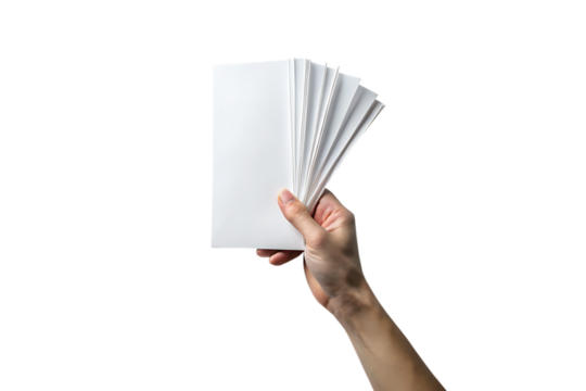 Hand holding a stack of white envelopes fanned out against a black background isolated on transparent background