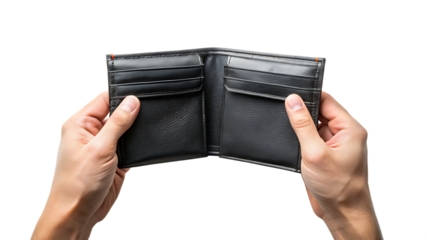Hands holding an empty open black leather wallet isolated on transparent background
