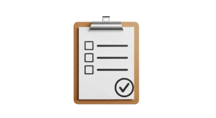 Isolated checklist on clipboard, three empty checkboxes with checkmark, list complete